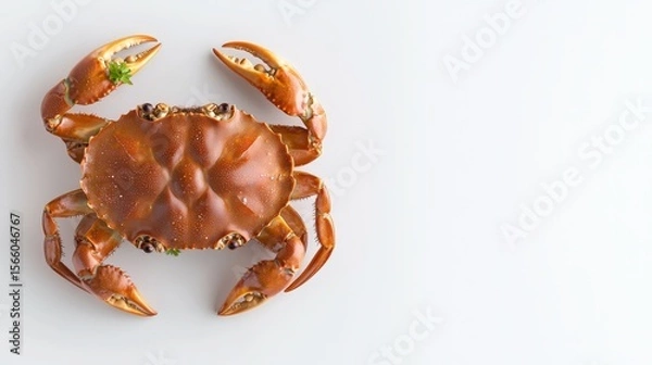 Fototapeta A whole cooked crab with parsley garnish is displayed centered on a bright white background leaving empty space for copy or graphics alongside the image.