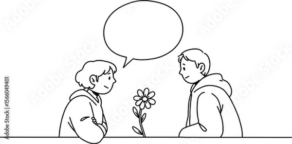 Fototapeta Minimalist line art illustration of awkward first date with flower and speech bubble with letter f editable vector