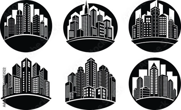 Obraz Vector art of six different city skyline illustrations isolated on a transparent background