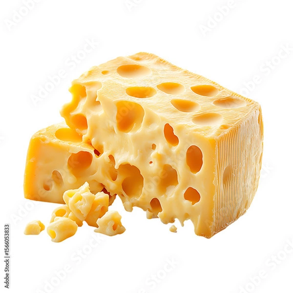 Fototapeta Chunk of swiss cheese with holes and crumbs isolated on transparent background