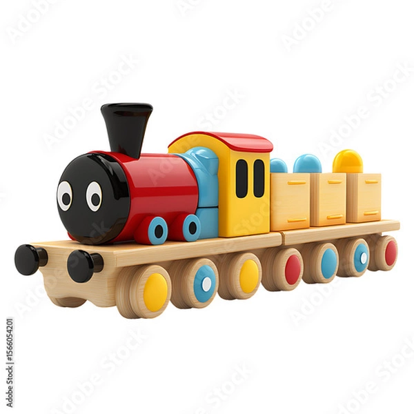 Fototapeta Colorful wooden toy train with engine and cargo on wheels isolated on transparent background