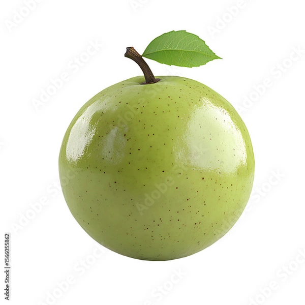 Fototapeta Fresh green apple with leaf and stem isolated on transparent background