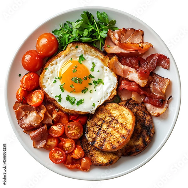 Fototapeta Full breakfast plate with egg bacon tomato and toast isolated on transparent background