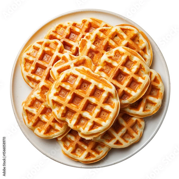 Fototapeta Round golden waffles stacked on white plate isolated on transparent background