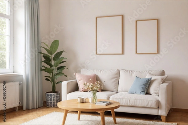 Fototapeta withe sofa in living room with little pillows and blank wood frames