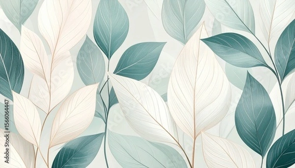 Fototapeta Soft Green and White Leaves Pattern for Elegant Design Background