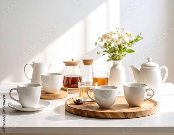 Fototapeta Cozy Tea Setting with White Cups and Fresh Flowers on Sunlit Table