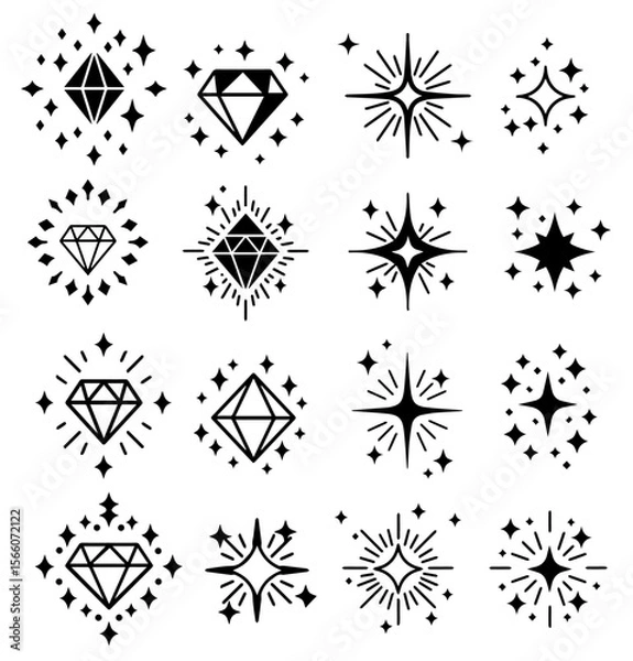 Fototapeta Collection of sparkling diamonds and stars illustrations in black and white, ideal for design elements or decorative accents, silhouette