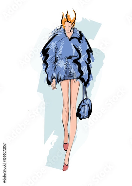 Fototapeta Beautiful young girl in stylish clothes. Fashion woman look. Sale concept. Hand-drawn fashion illustration. Cute girl in fashion clothes. 