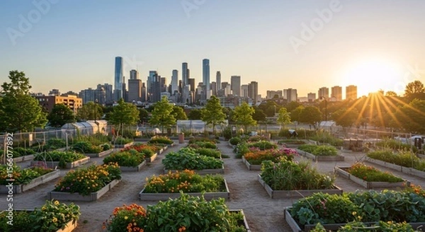 Obraz Wide-angle shot of a lush community garden set against a backdrop of high-rise buildings in city.