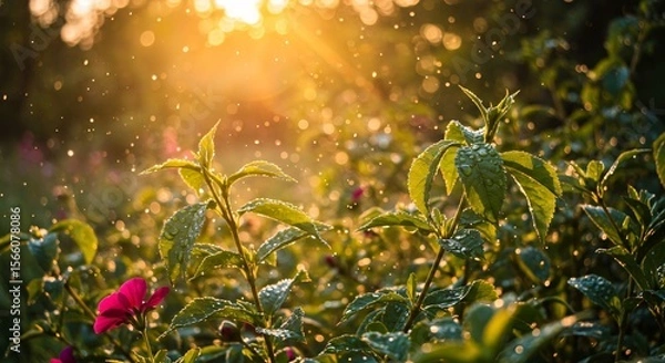 Obraz Soft morning sunlight hitting dew-covered leaves and creating a serene mood in the garden.