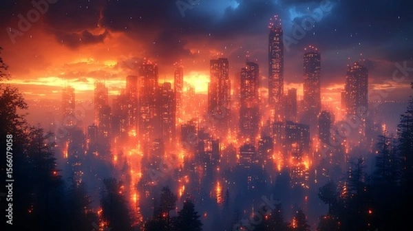 Obraz Burning city scape disaster background illustration