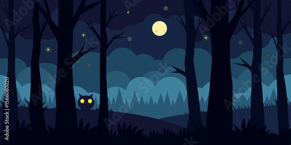 Fototapeta Moonlit Forest With Creatures Eyes Glowing From Shadows