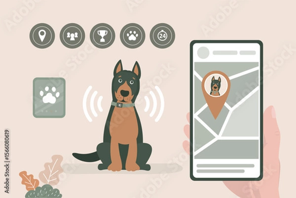 Fototapeta Wireless pet tracking system, dog wearing GPS collar, location-tracking app and map markers. Pet safety solutions, GPS pet tracker and smart dog care products.