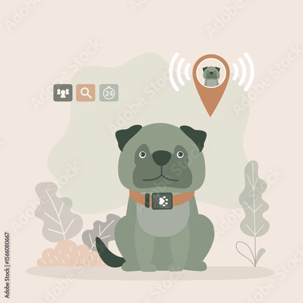 Fototapeta Pet tracking system, happy bulldog wearing a GPS collar, location-tracking app and map markers. Pet safety solutions, GPS pet tracker and smart pet care products.