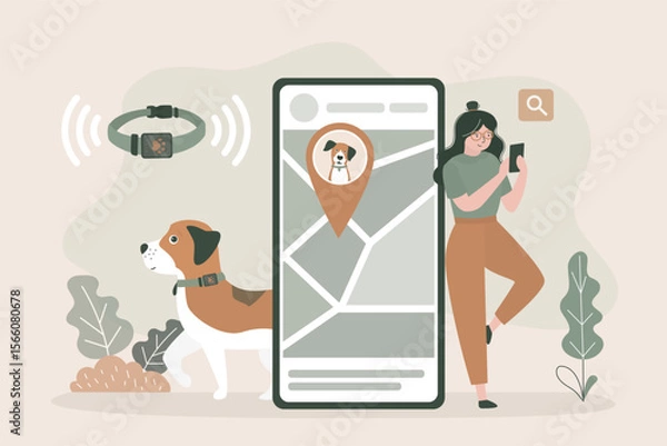 Fototapeta Owner controlling animal location on smartphone. Wireless tracking system, dog wearing GPS collar, location-tracking app, map markers. Pet safety solutions,
