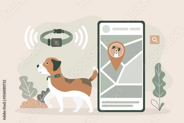 Fototapeta Pet tracking system, happy dog wearing a GPS collar, location-tracking app and map markers. Pet safety solutions, GPS pet tracker and smart dog care products.