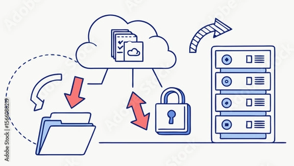 Obraz Secure Cloud Data Management Concept. Digital illustration showing file synchronization, server infrastructure, and padlock for secure information ...