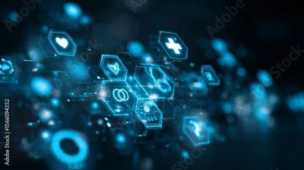 Fototapeta Abstract high-tech concept image of medical innovation, with icons of telemedicine, healthcare apps, and virtual diagnostics in a glowing blue theme

