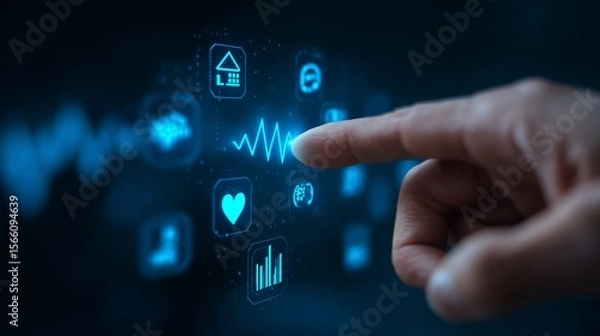 Fototapeta Finger tapping a virtual interface with icons of finance, charts, and stock market trends, blue neon background