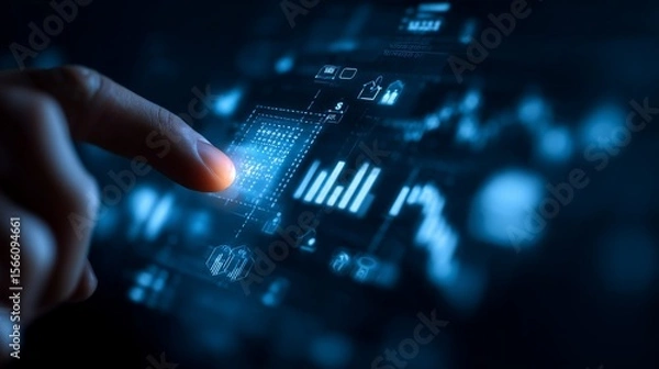 Fototapeta Finger tapping a virtual interface with icons of finance, charts, and stock market trends, blue neon background