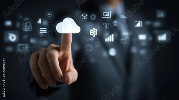 Fototapeta Hand pointing at floating icons of finance, analytics, and cloud computing above a dark background, innovation and success concept