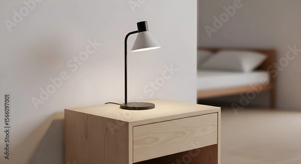 Fototapeta A minimalist wooden bedside table with a small lamp, placed neatly on bedroom