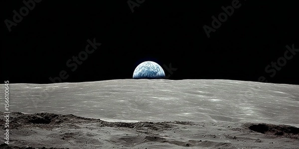 Fototapeta View of the moon surface by apollo astronaut with earth rise on horizon Generated image