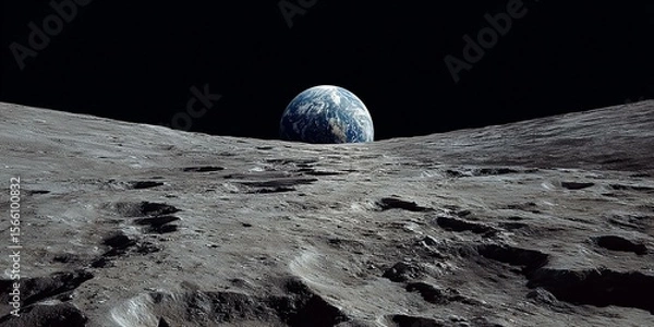Fototapeta View of the moon surface by apollo astronaut with earth rise on horizon Generated image
