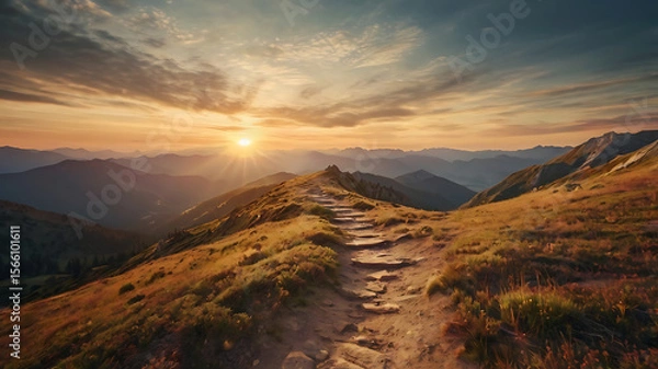 Fototapeta A scenic mountain landscape during golden sunset or sunrise. A winding hiking trail leads into the distance, surrounded by peaceful nature and glowing warm tones. Include a wide-angle view with soft 