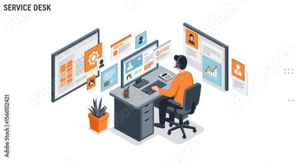 Fototapeta Customer support service desk vector illustration for business technology design in isometric style