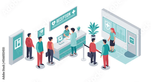 Fototapeta Isometric hospital reception vector illustration for healthcare design