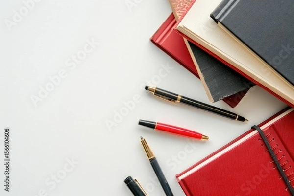 Fototapeta Sharp Image of Directly Above Shot of Books and Pens on White Background