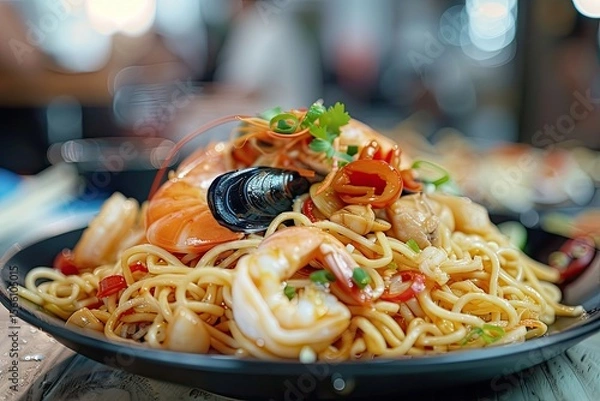 Fototapeta Clear Pixel Visual of Pile of Seafood Noodles on a Plate with Restaurant Background