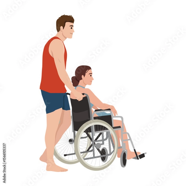 Fototapeta Man Assisting Woman in Wheelchair Outdoors. Flat vector illustration isolated on white background