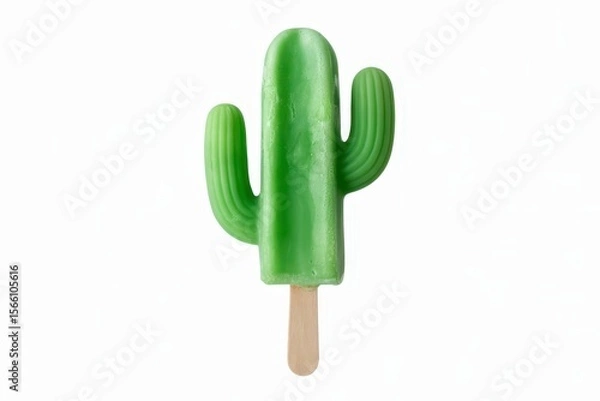 Fototapeta A green cactus on popsicle stick, white background. Creative cactus ice cream on a white background. isolated, white background