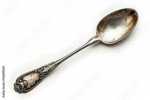Fototapeta high resolution image of Top view of old silver tea spoon isolated on white