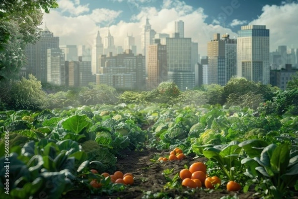 Fototapeta High Resolution Image of a Garden with a Lot of Vegetables and a Cityscape in the Background