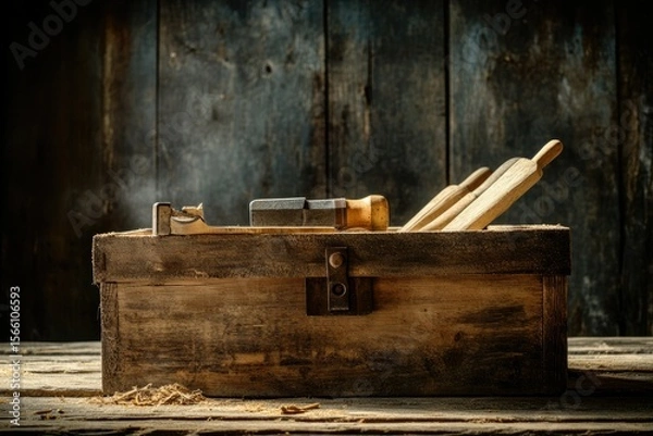 Fototapeta Vibrant Color Visual of Box with Carpenters Tools on Wooden