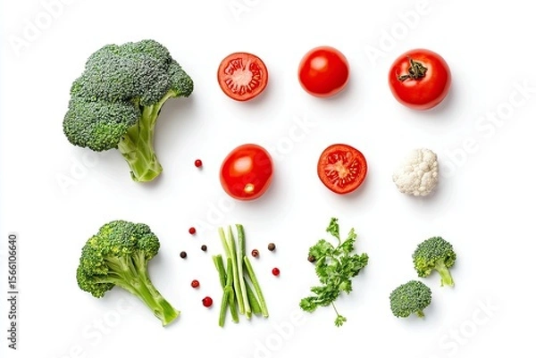 Fototapeta Vegetables as Part of a Healthy Meal Isolated on White Background, Depth of Field