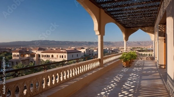 Fototapeta Balcony View of Desert Landscape with Beige Architecture