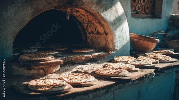 Fototapeta Baking Flatbreads in a Rustic Stone Oven