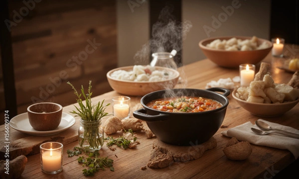 Fototapeta A rustic wooden table set for a cozy dinner, with a steaming pot of homemade stew at the center, surrounded
