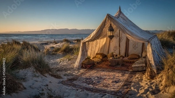 Fototapeta Beach Tent at Sunset with Ocean View