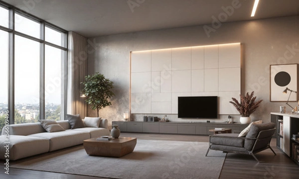 Fototapeta A modular smart wall panel system with customizable shapes and sizes that adjust to different needs. The panels feature built-in LED lighting that