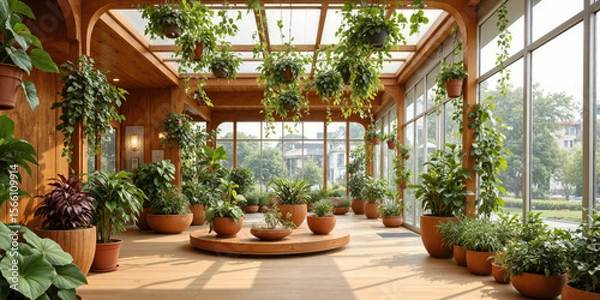 Fototapeta Smart greenhouse in warm amber, featuring automated climate control systems that regulate temperature and humidity, and AI-powered plant health monitors