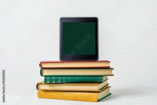Fototapeta Pixel Perfect Image of Portable Ebook and Stack of Hardcover Books on White Background