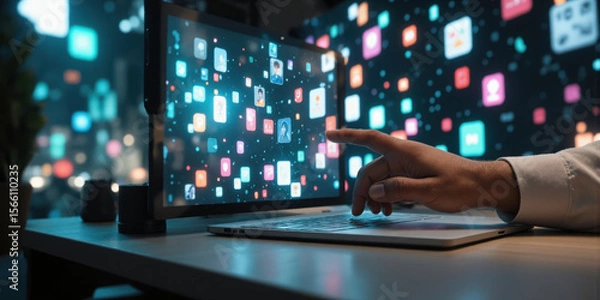 Fototapeta Network Computer User: Hand interacts with social network app at desk late night.