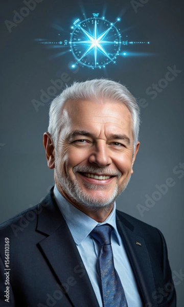 Fototapeta White senior man smiling gently with digital compass icon above, guidance energy, isolated , photo-realistic, soft studio light, medium