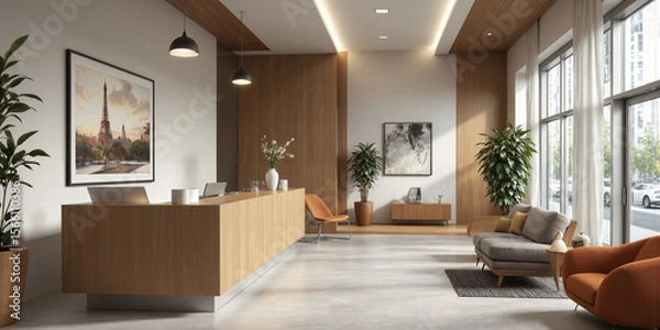 Fototapeta Bright, inviting reception area with a floating wood desk, comfortable fabric seating, and ambient lighting. Adjustable task lights highlight